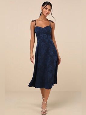 Lulus Loveliest Looks Navy Floral Jacquard Tie-Strap Midi Dress XXL NWT